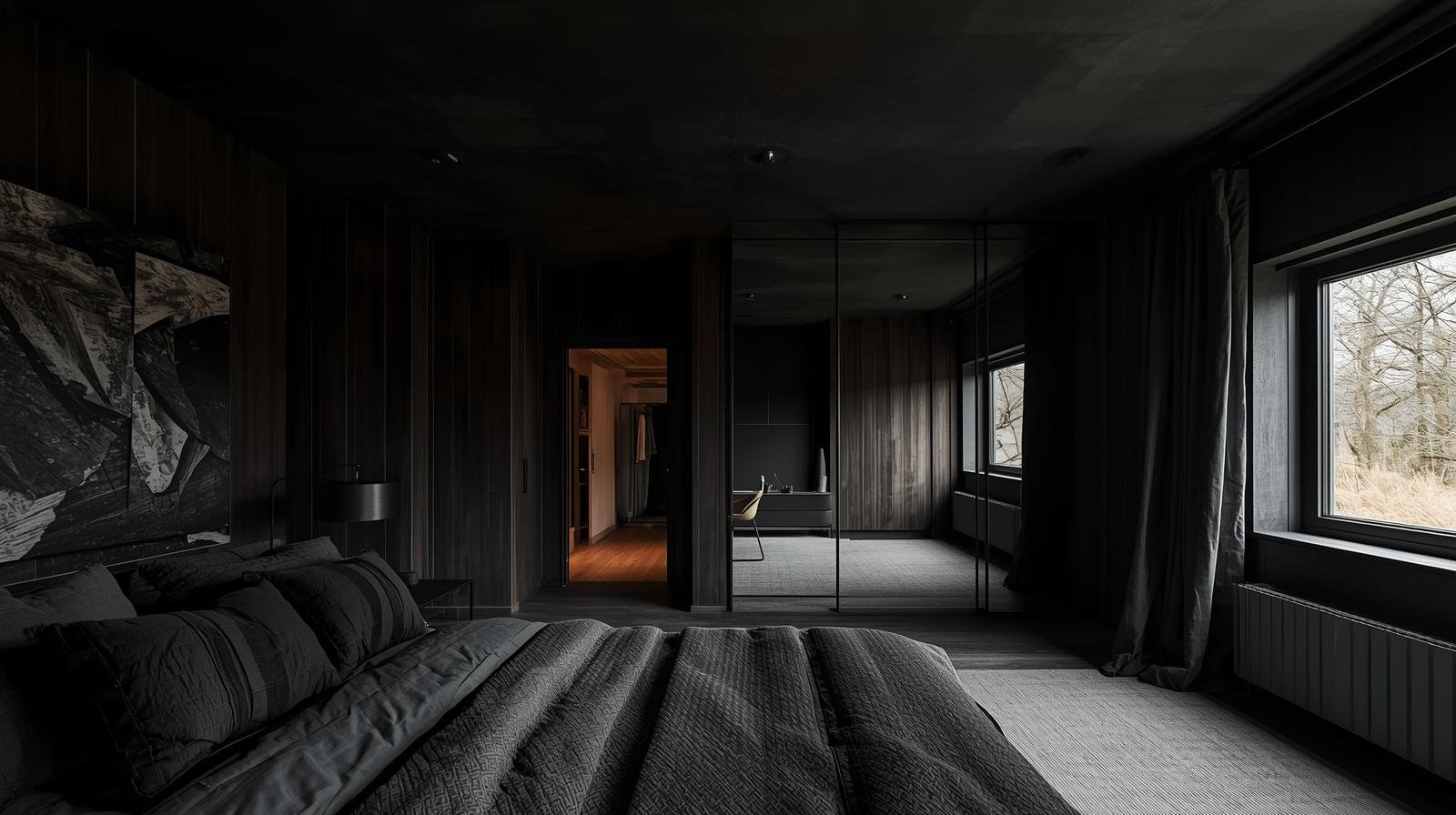 Un rifugio esclusivo dominato da tessuti scuri, superfici materiche e dettagli minimal. Le grandi finestre portano la natura all’interno, creando un equilibrio tra calore, privacy e design contemporaneo.