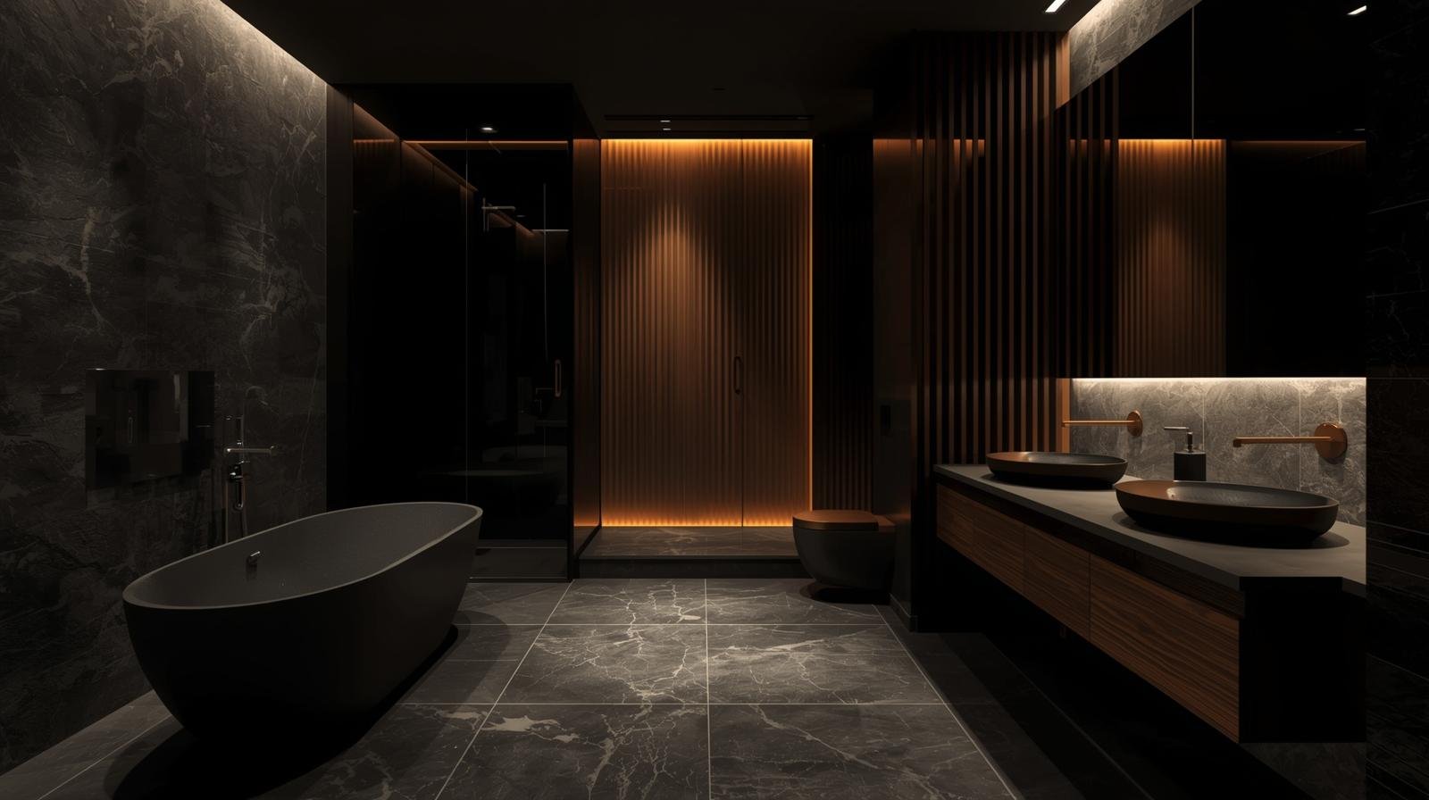 Un ambiente raffinato e avvolgente, dove il marmo scuro incontra linee essenziali e finiture in legno. La vasca freestanding e i lavabi dal design scultoreo sono valorizzati da luci calde e soffuse, creando un’atmosfera da spa privata.