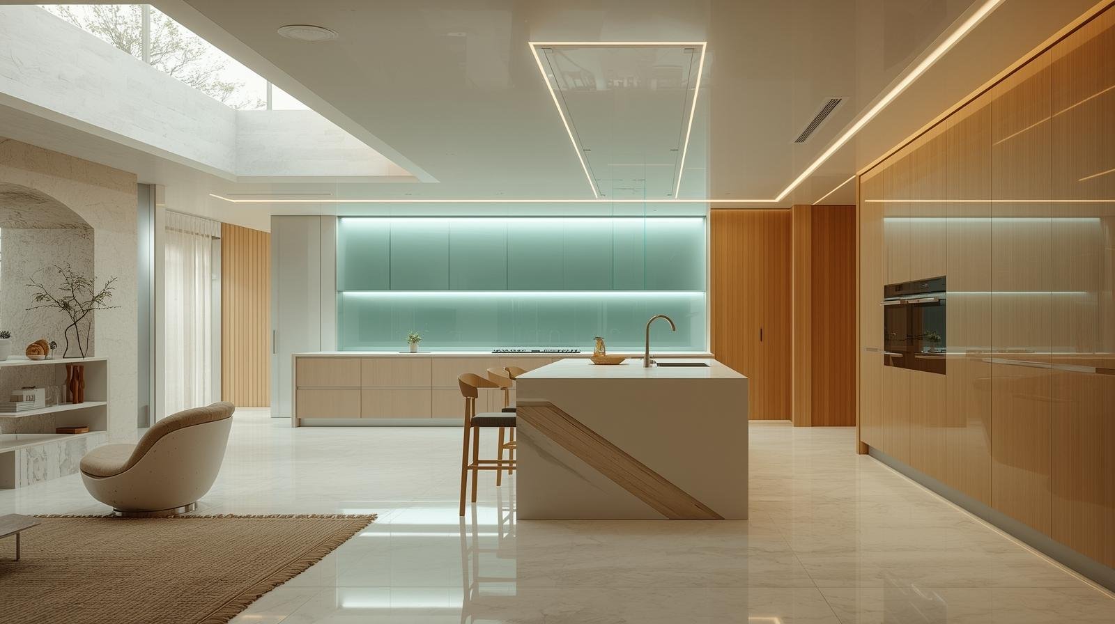 Un ambiente aperto e luminoso con isola centrale dalle forme geometriche essenziali. Il legno naturale si combina con superfici laccate e retroilluminazioni a LED, creando un mix tra calore e innovazione. Ogni dettaglio, dagli elettrodomestici a scomparsa