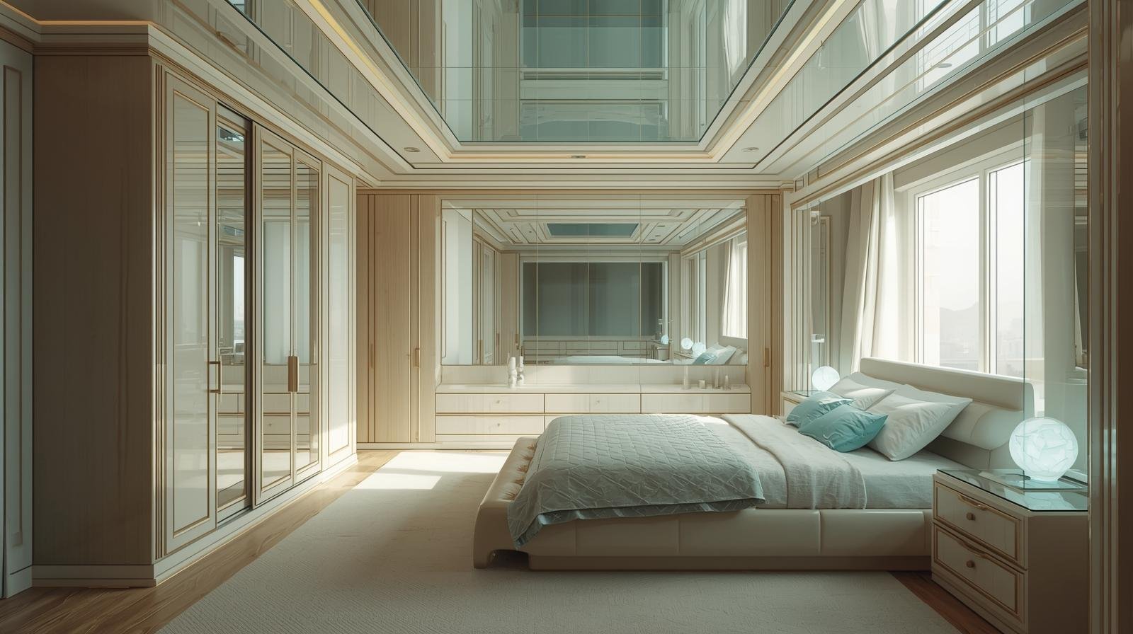 Uno spazio raffinato, dominato da legno chiaro e superfici specchiate che amplificano la percezione di profondità. Il letto matrimoniale imbottito si integra con arredi dalle geometrie pulite e lampade futuristiche a sfera. Una camera pensata per coniugar