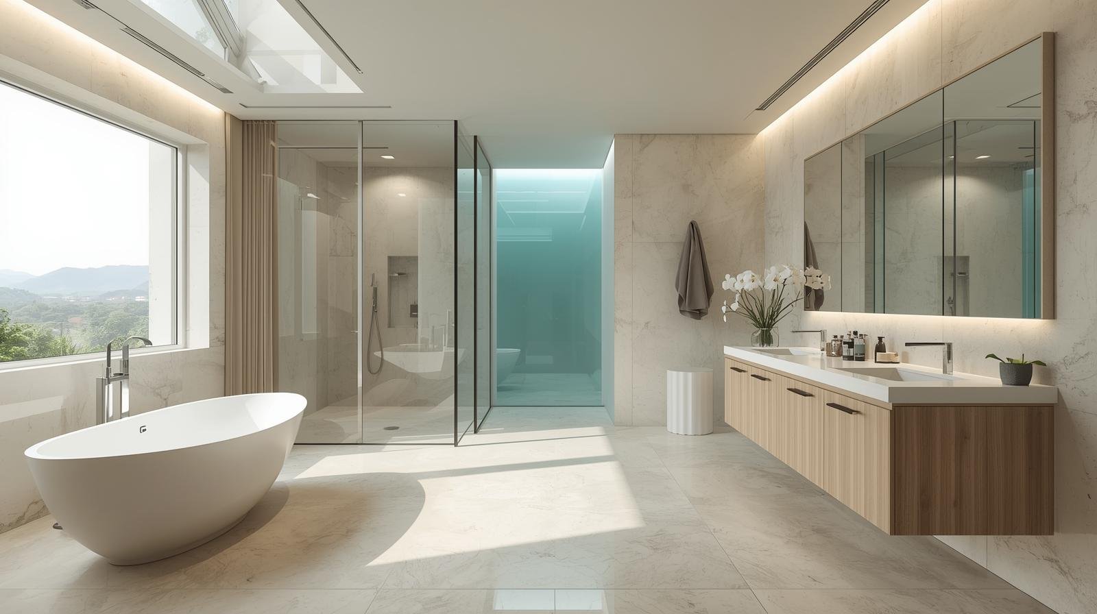 Un’oasi di benessere con vasca scultorea a centro stanza e doccia walk-in in vetro. Le superfici in marmo chiaro riflettono la luce naturale proveniente dalla grande finestra panoramica, creando un’atmosfera da spa privata. Linee sospese e dettagli raffin